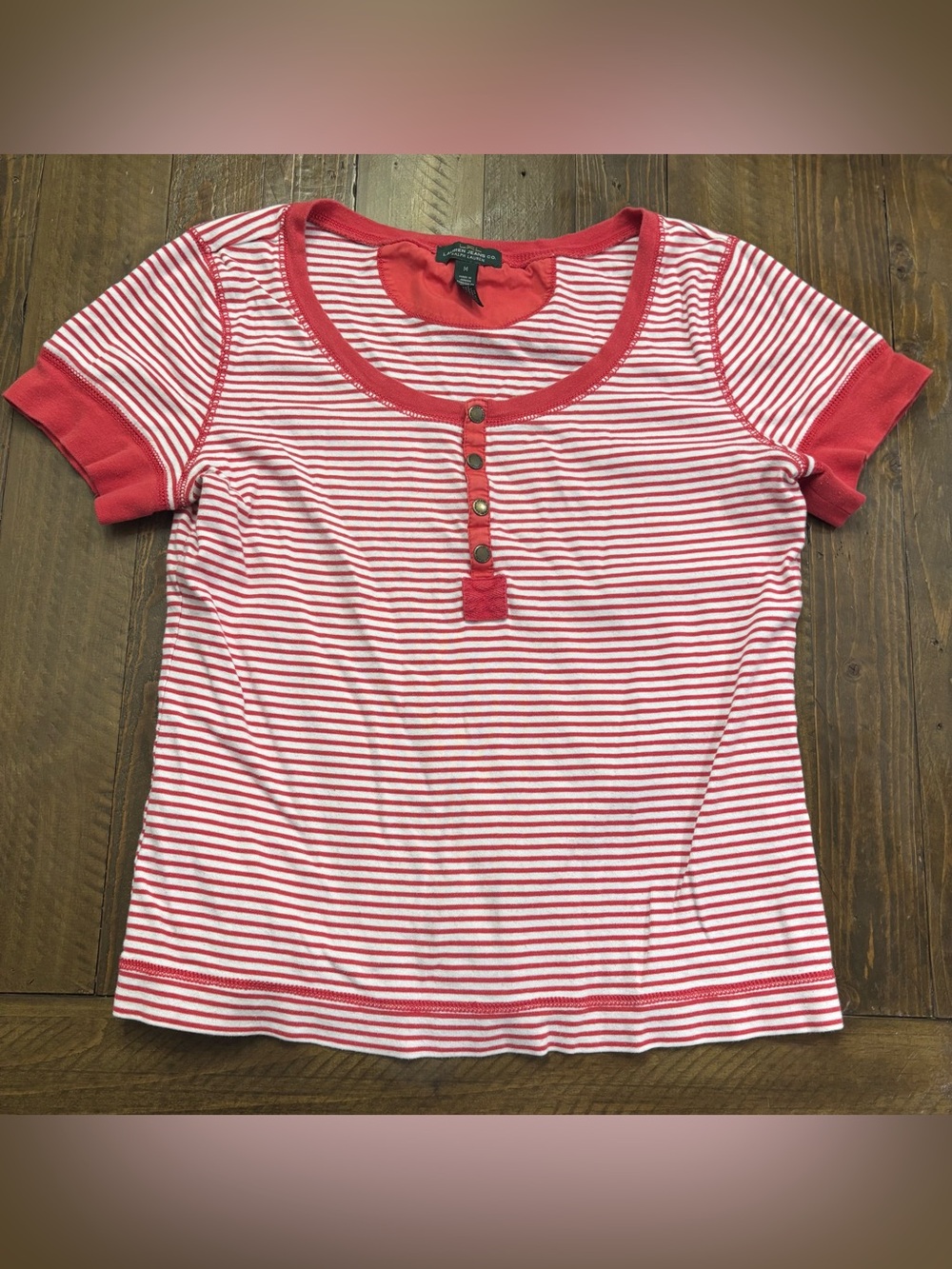 Lauren Ralph Lauren Jeans Co Red and White Striped Short Sleeve Henley Tee